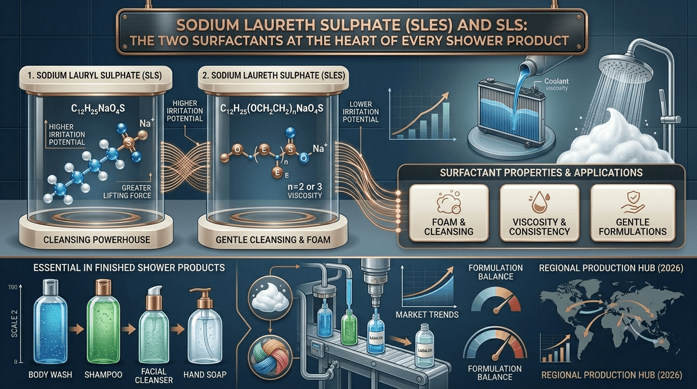 سلفات لوريث الصوديوم (SLES) و SLS: الخاضعان للتوتر السطحي في قلب كل منتج من منتجات الاستحمام