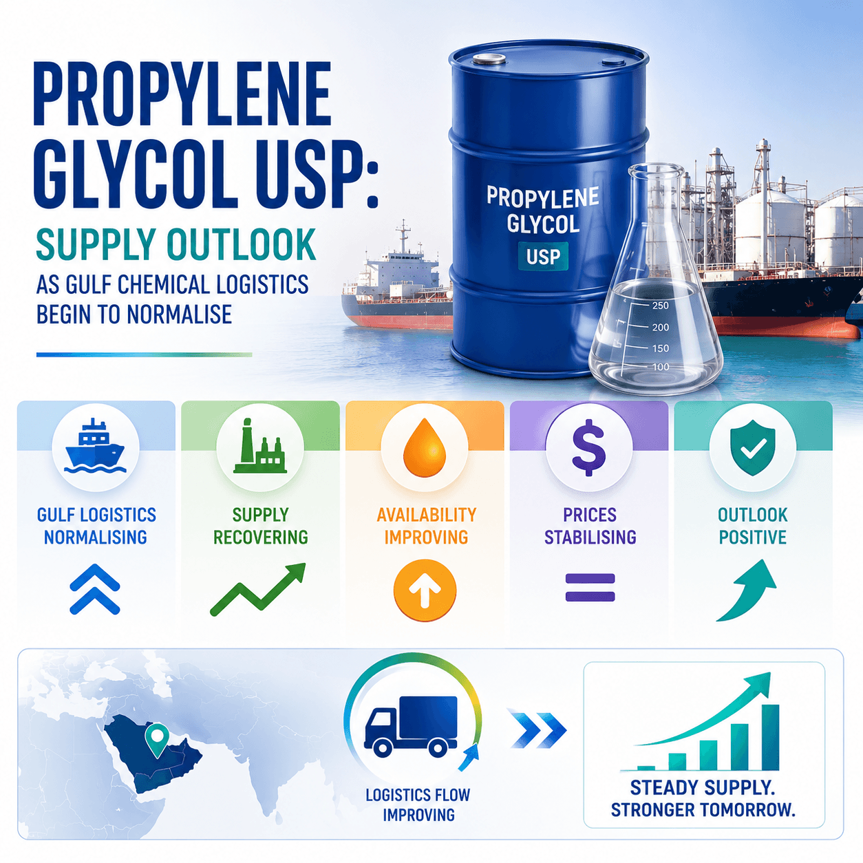 Propilenglicol USP: Perspectivas de suministro a medida que la logística de Gulf Chemical comienza a normalizarse